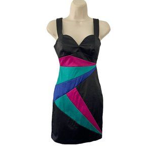 H&M  Black Pink Blue Green Color Block Body Con Sleeveless Dress 80s Sz 2